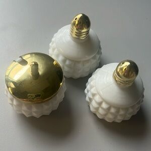 Vintage Hob Knob milk glass salt and pepper shaker with mustard cellar Japan